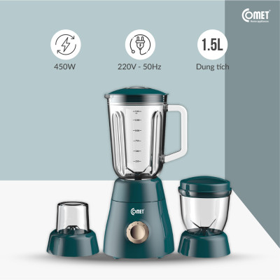 Máy xay sinh tố Comet CM9979 – 3 cối thủy tinh và nhựa cao cấp, công suất 450W – Xay sinh tố, thịt, hạt – Dung tích 1.5L – Hàng chính hãng, bảo hành 1 năm 