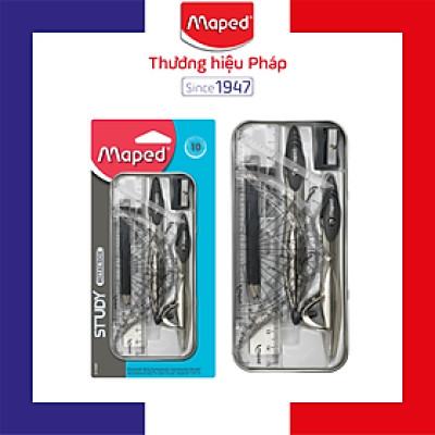 MAPED - Vỉ Compa kim loại hộp thiếc - set 10 (Compa chì gỗ, Compa ruột chì, chuốt,  gôm, chì, bộ 4 thước, ruột chì Compa)