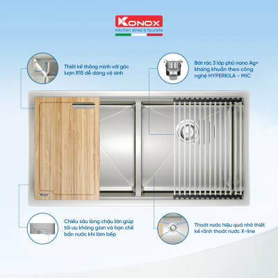 Chậu rửa bát Konox, Undermount Series, Model KN8745DUB, Inox 304AISI tiêu chuẩn châu Âu, Hạ bậc tích hợp, 870x455x220(mm), Hàng chính hãng