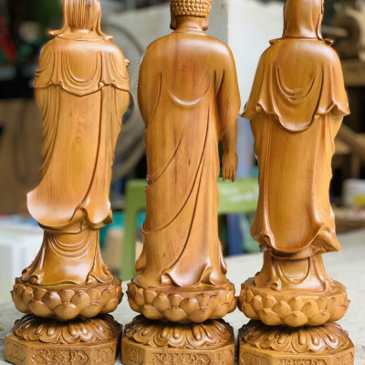 Bộ tượng phật tam thánh bằng gỗ bách xanh thơm nức kt cao 50×15×15cm