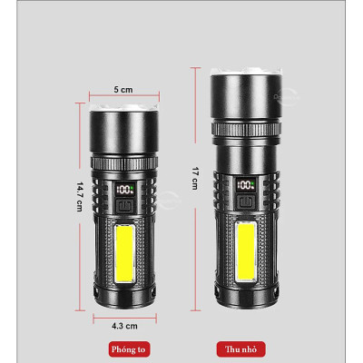 Đèn Pin Siêu Sáng, Đèn Pin Chiếu Sáng Cầm Tay Cao Cấp 4 Chế Độ Sáng Sạc Sạc Nhanh Type C Chiếu Sáng Khoảng Cách Lên Đến 200m Tích Hợp Đèn COB Tích Hợp Làm Pin Dự Phòng Chống Nước Tuỳ Chỉnh Được Tiêu Cự