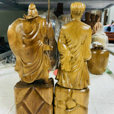 Cặp tượng văn võ song toàn không minh và quan công bằng gỗ bách xanh thơm nức kt cao 20cm