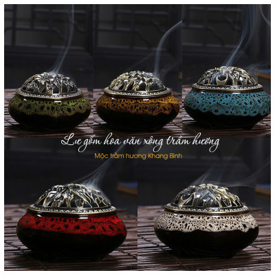 Lư gốm sứ Hoa Văn Xông đốt nụ vân mây nhang Trầm Hương kèm đế lót bông - Mộc Trầm Hương Khang Bình