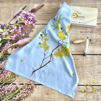 Khăn Lụa Vẽ Tay SenSilk Limited Hoa Mai (Nude-Xanh - Hồng), Quà Tặng Đối Tác, Lụa Tơ Tằm Bảo Lộc 100% Silk made in Vietnam