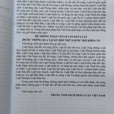 Sách Hệ Thống Toàn Văn 18 Văn Bản Luật được thông qua tại Kỳ họp thứ 8, Quốc hội khóa 15 (V2552T)