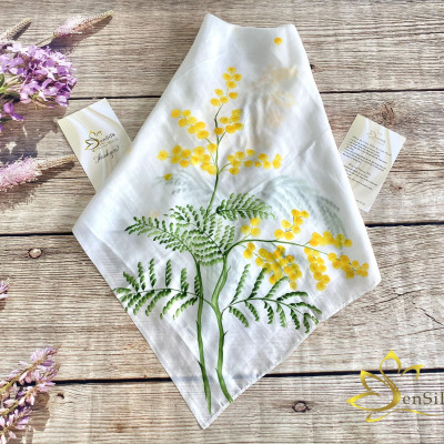 Khăn Lụa Handmade Vẽ Hoa Mimosa SenSilk – Quà Kỷ Niệm Tình Yêu, Khăn Vuông Thời Trang 75*75