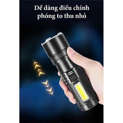 Đèn Pin Siêu Sáng, Đèn Pin Chiếu Sáng Cầm Tay Cao Cấp 4 Chế Độ Sáng Sạc Sạc Nhanh Type C Chiếu Sáng Khoảng Cách Lên Đến 200m Tích Hợp Đèn COB Tích Hợp Làm Pin Dự Phòng Chống Nước Tuỳ Chỉnh Được Tiêu Cự