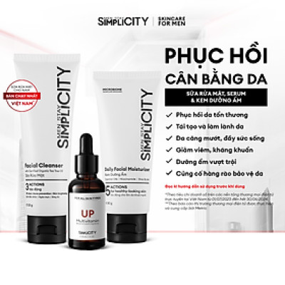 Bộ sản phẩm chăm sóc Men Stay Simplicity phục hồi & cân bằng da cho nam Recovery Trio: 01 Sữa rửa mặt 100g x Seurm 30ml x Kem dưỡng ẩm 80g