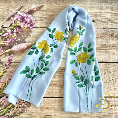 Khăn Lụa Bảo Lộc Vẽ Tay Rose SenSilk180x55cm, Hand Drawing Silk Scarf, 100% Silk made in Vietnam