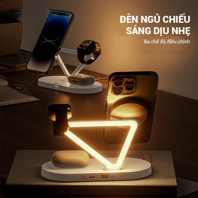 Sạc Không Dây 3 Trong 1 Pisen Pro - Wireless 3-in-1 Night Light - Màu Trắng