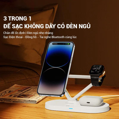 Sạc Không Dây 3 Trong 1 Pisen Pro - Wireless 3-in-1 Night Light - Màu Trắng