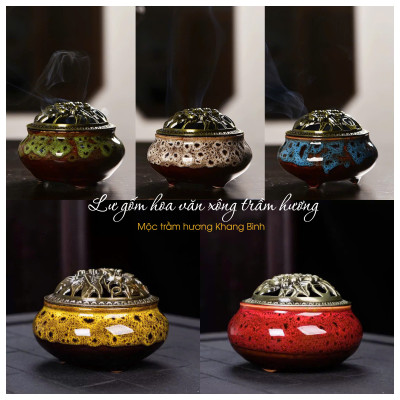 Lư gốm sứ Hoa Văn Xông đốt nụ vân mây nhang Trầm Hương kèm đế lót bông - Mộc Trầm Hương Khang Bình