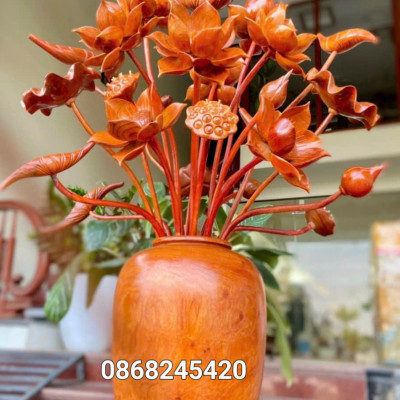 1 bình hoa sen 25 bông phong thủy trang trí phòng khách phòng thờ bằng gỗ hương đá đẹp long lanh  
