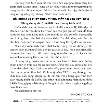 Sách - Bồi Dưỡng Và Phát Triển Tư Duy Viết Bài Văn Hay Lớp 6 (DÙNG CHUNG CHO 3 BỘ SGK THEO CHƯƠNG TRÌNH MỚI)