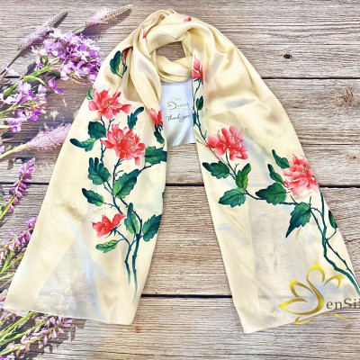 Khăn Lụa Bảo Lộc Vẽ Tay Mẫu Đơn SenSilk - Vietnam Gift Quà Tặng Khách Nước Ngoài 180x55cm, Silk Painting Scarves made in Vietnam