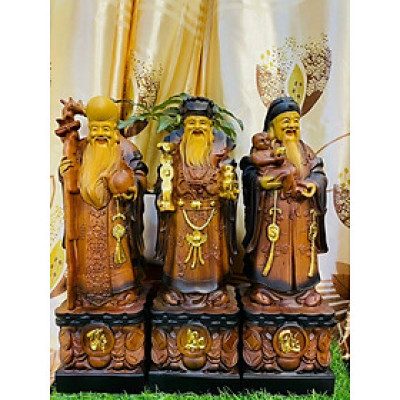 Tượng phật tam đa phúc lộc thọ bằng gỗ hương đá và được tô làm mầu giả cổ  kt 70×22×16cm