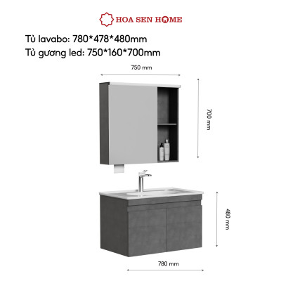 BỘ TỦ GƯƠNG LAVABO TUSLO C001 LUXURY chất liệu gỗ Plywood phủ Laminate sang trọng, đèn Led cảm biến thông minh - Hoa Sen Home - Hàng chính hãng 