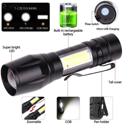 Đèn Pin Cầm Tay DP01 Gồm 4 Chế Độ Chiếu Xa 200m, Đèn Pin Mini DP03 Có 3 Chế Độ Sáng Chính Hãng D Danido, Có COB Led thân