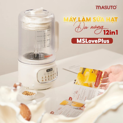 Máy làm sữa hạt thủy tinh chống ồn Masuto MS Love Plus dung tích 1,2L có hẹn giờ 12 chế độ nấu - Hàng chính hãng