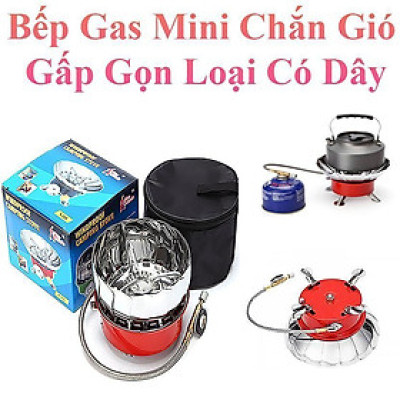 Bếp Gas Mini Du Lịch Xếp Gọn Có Dây Và Vòng Chắn Gió