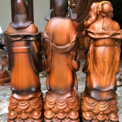 Bộ tượng phật tam đa phúc lộc thọ bằng gỗ hương đá tô làm mầu giả cổ kt 50×16×13cm