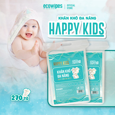 Khăn vải khô đa năng Happy Kids EcoWipes túi 270 tờ không mùi không cồn không paraben an toàn cho da nhạy cảm