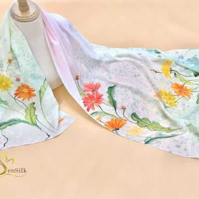 Khăn Thuỷ Ấn Vẽ Tay SenSilk Hoa Đồng Tiền - Silk Shawl Water Marbled Hand Painted - Quà Tặng Đối Tác - Vietnam Silk Gift