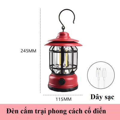 Đèn Cắm Trại, Đèn Camping Phong Cách Cổ Điển, Đèn Pin Sạc Tích Điện USB, Đèn Măng Xông - Hàng Nhập Khẩu