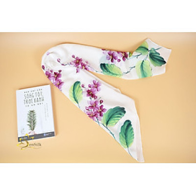 Khăn Lụa Cao Cấp Vẽ Tay Hoa Bằng Lăng – Silk Painting, Khăn Vuông Lụa 75*75cm