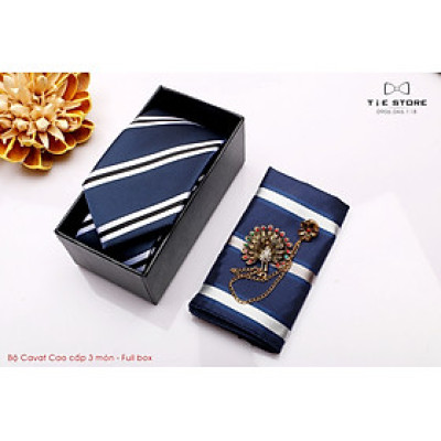 Cavat bộ 3 món kèm hộp túi xách cao cấp, Cavat xanh kẻ 6cm