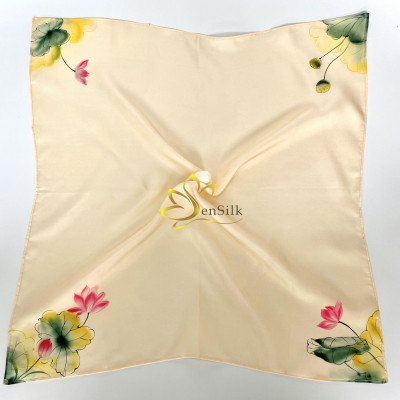 Khăn Lụa Vuông Cao Cấp Vẽ Tay SenSilk Hoa Sen, Lotus Silk Square Painting 55x55cm, Phụ Kiện Lụa Thời Trang Cao Cấp, Nơ Lụa Tơ Tằm