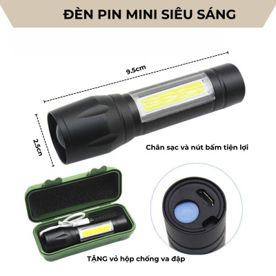 Đèn pin cầm tay  với 3 chế độ siêu sáng  kèm hộp đựng sang trọng , có zoom ,dây cắm sạc  ,chống sốc , chống nước nhỏ gọn tiện lợi
