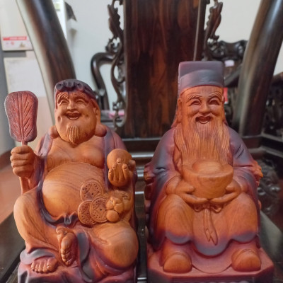 Tượng thần tài thổ địa bằng gỗ hương đá sơn giả cổ kt cao 20×12×8cm 