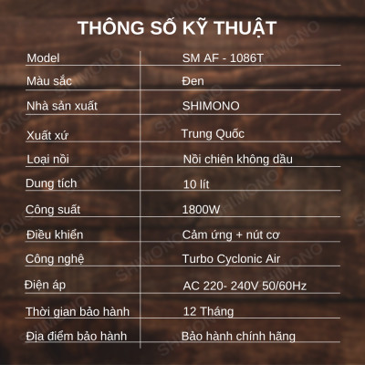 Nồi Chiên Không Dầu SHIMONO SM-AF1086T 10L 1800W Cao Cấp Tiêu Chuẩn FDA Hoa Kỳ, LFGB Đức Tặng Kèm Trọn Bộ 9 Phụ Kiện Hàng Chính Hãng