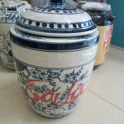 Hũ đựng gạo tài lộc nem trắng gốm sứ Bát Tràng loại 15Kg