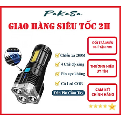 Đèn Pin Cầm Tay 4 Led Sạc USB Chống Thấm Nước Tiện Dụng Có COB Đèn LED Cạnh - Hàng Chính Hãng 