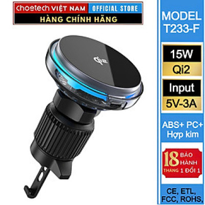 Giá đỡ điện thoại Magnetic 15W Choetech T233-F chuẩn Qi2 với đèn LED đổi màu - Hàng chính hãng
