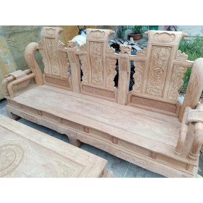 Bàn ghế phòng khách tần thủy hoàng gỗ gõ đỏ tay 12 bàn đục yếm liền