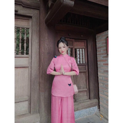 Đồ lam đi chùa cao cấp AL031 kết cườm thêu bướm cực đẹp