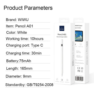 Bút cảm ứng cảm biến nghiêng chống tì tay sạc nam châm WIWU Stylus A01 cho iPad Pro Air Mini đời 2018 trở lên Gen 7 8 9 10 10.9 11 12.9 13 Mini 6 M1 M2 M3 M4 - Hàng nhập khẩu