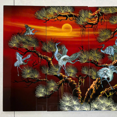 Bộ Tranh sơn mài 4 tấm -TÙNG HẠC DIÊN NIÊN - khảm cừ size 50x80 cm - Ý Nghĩa Phong Thủy