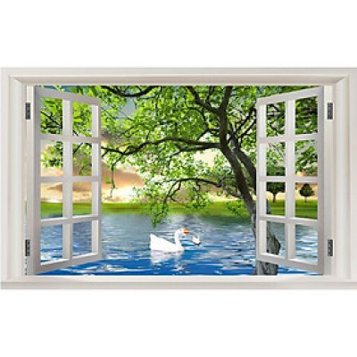 Tranh dán tường 3d cửa sổ đôi thiên nga ép lụa kim sa có sẵn keo CS08