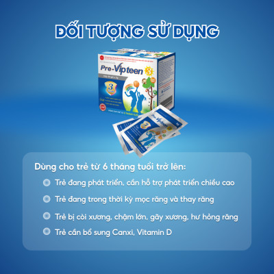 Cốm Bổ Sung Canxi Hỗ trợ Tăng Chiều Cao Pre-Vipteen 3 VINH GIA Dành Cho Trẻ Từ 6 Tháng Tuổi Hộp 20 Gói