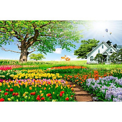 Tranh dán tường 3D phong cảnh Hoa tulip - vải lụa kim tuyến