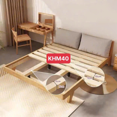 Giường ngủ KHM40 decor kiểu Hàn Quốc màu tự nhiên phủ bóng PU