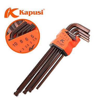 Bộ lục giác bi, bộ hoa thị đầu bông mai có lỗ thép nâu S2 dài Nhật Kapusi JAPAN 9 chi tiết