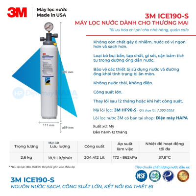 Máy Lọc Nước 3M ICE190-S Chuyên Dùng Cho Nhà Hàng, Quán Cà Phê, Căntin, Horeca - Hàng Chính Hãng 3M, Nhập Khẩu Mỹ