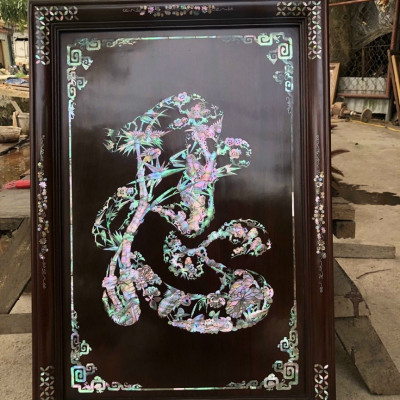 Tranh chữ nhẫn khảm ốc singgapore kết hợp vời lền gỗ gụ kt 50×70×3.5cm