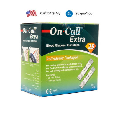 Hộp 25 Que thử đường huyết On Call Extra, NK chính ngạch, Tem niêm phong, nhãn phụ TV đẩy đủ