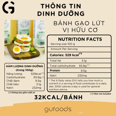 Bánh gạo lứt Hữu cơ GUfoods - Thành phần gạo lứt organic, Không đường, Không chiên dầu, Lành mạnh, Phù hợp Eat clean, Ăn vặt healthy, Thực dưỡng, Tập gym, Thuần chay